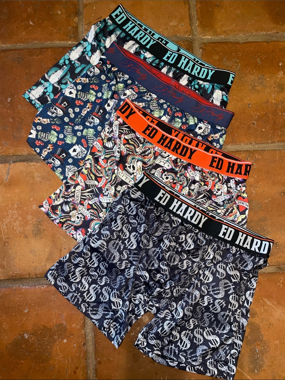 Ed Hardy Men's Boxer Briefs Pack - Navy, Black, Orange, Teal Size Small